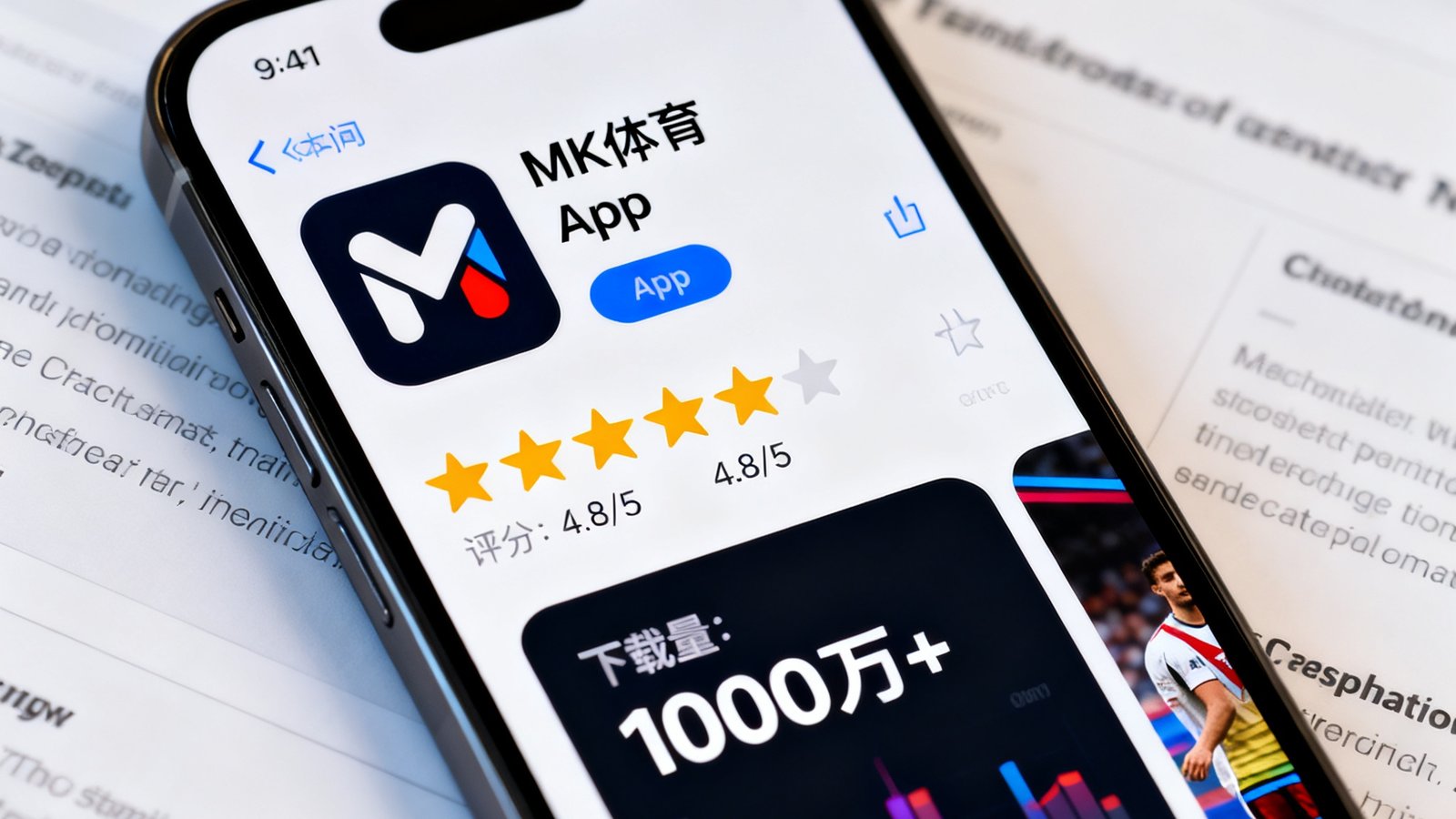 MK体育App在应用商店获得高评分和用户好评的手机截图，展示五星评价和下载量里程碑